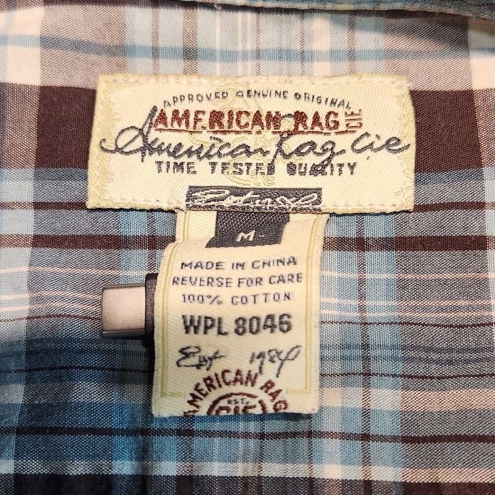 American Rag plaid blue and brown button up with pearl snaps Size M - Picture 2 of 4